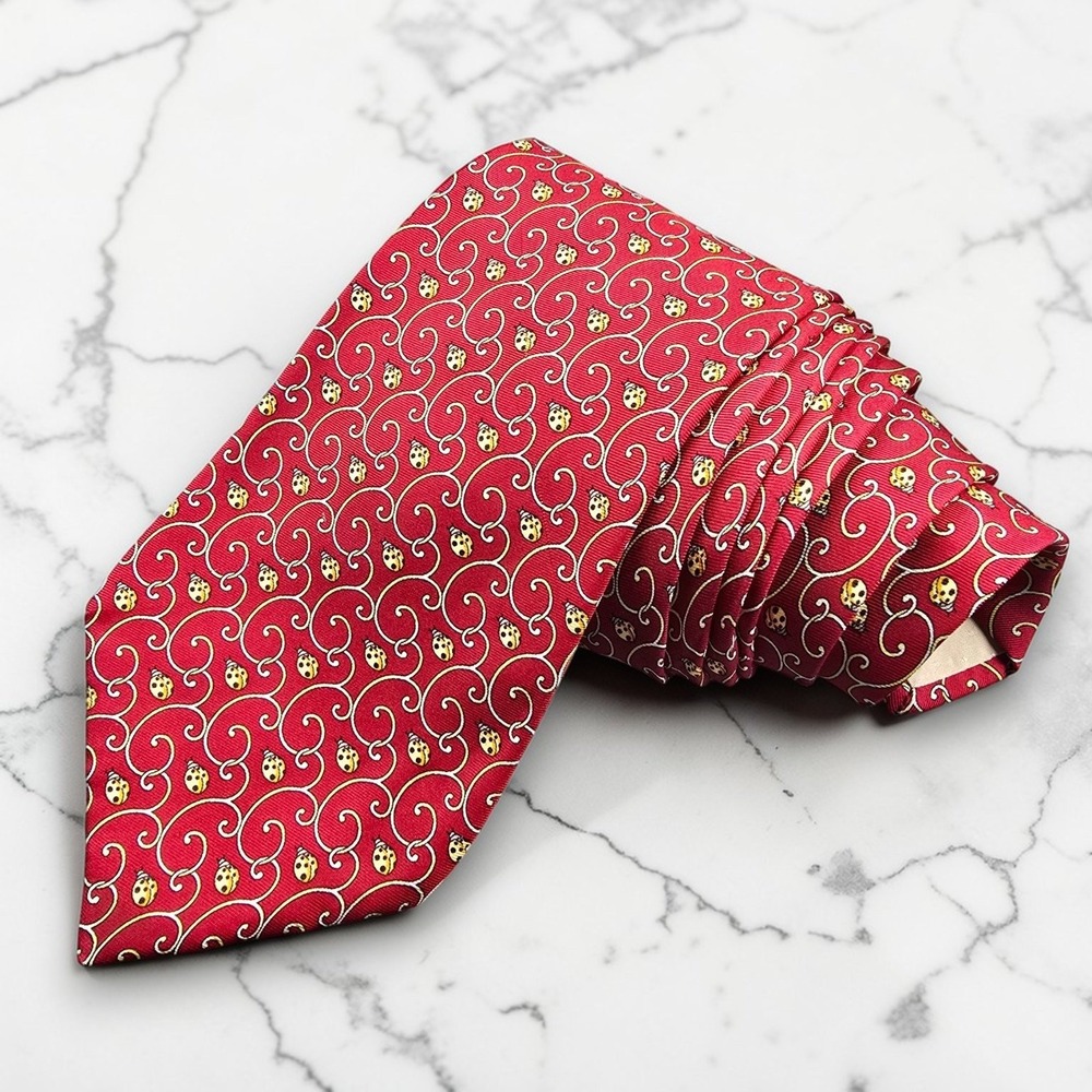 Neiman Marcus Mens Silk Tie Red Gold Ladybug Novelty Pattern Handmade Spain 58x4